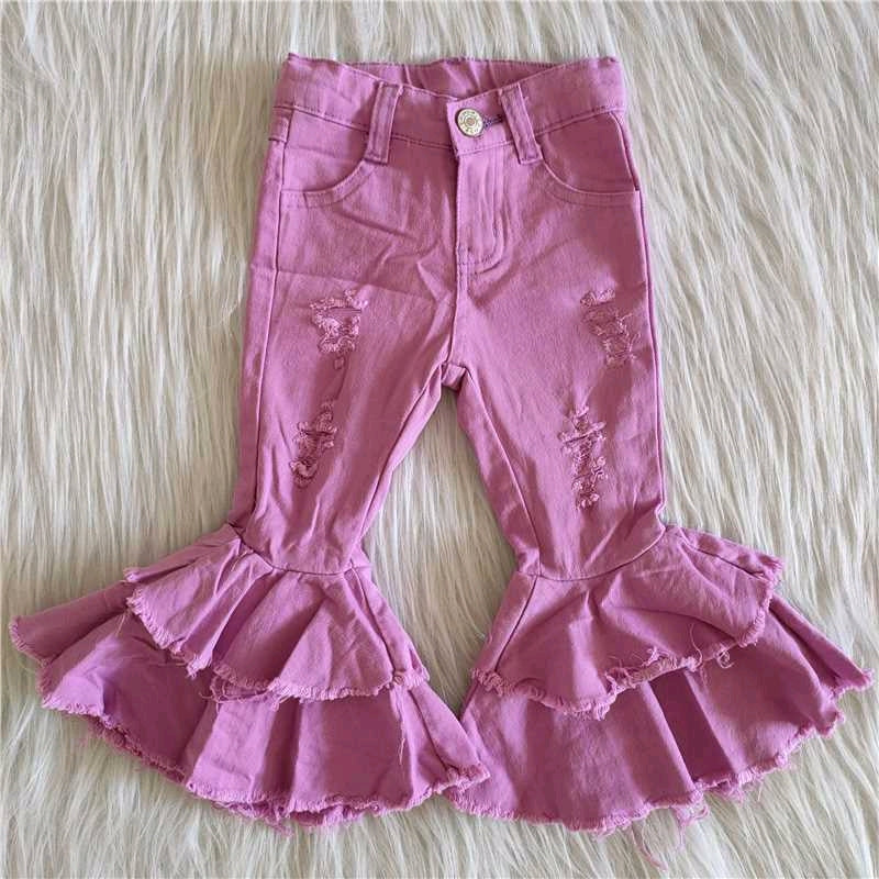 Girls double ruffle purple pink denim pants