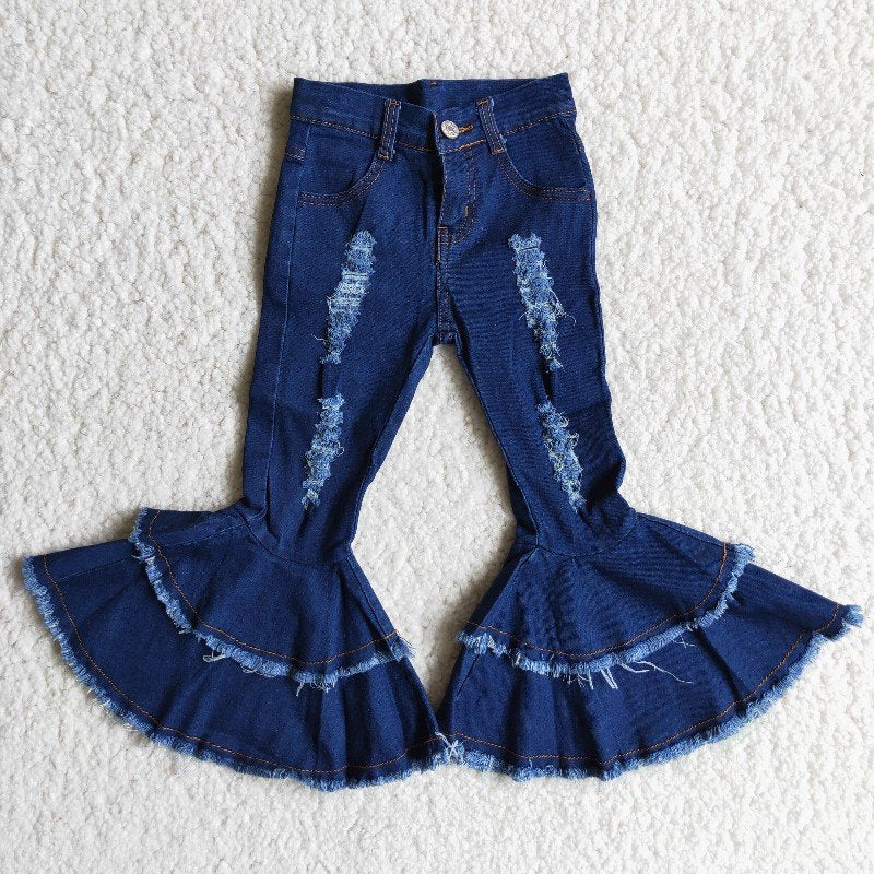 C12-9 Girls double ruffle blue tassels denim pant 202412 RTS