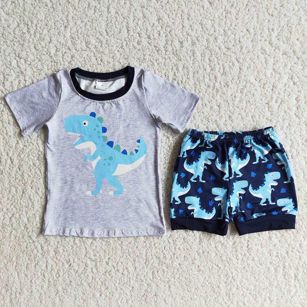 promotion RTS D9-15 Dinosaur grey top blue pattern short pants set