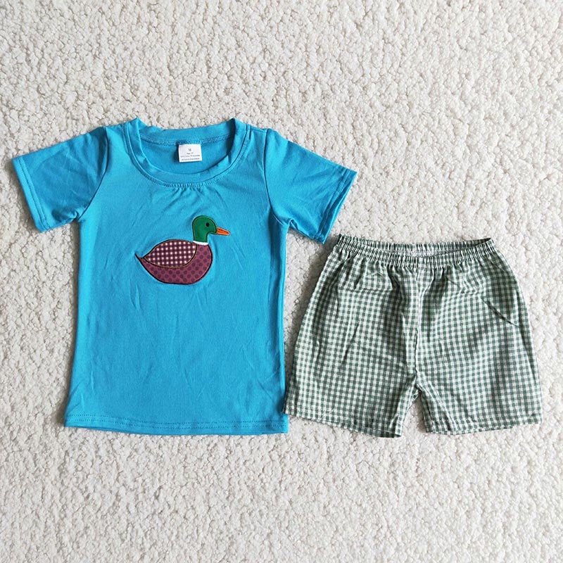 promotion B11-1 boy duck embroidery blue green plaid short sleeve shorts outfits