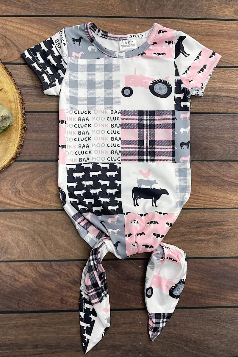 promotion RTS NB0003 farm animal cow chicken moo baa white pink black short sleeve belt gown 0516