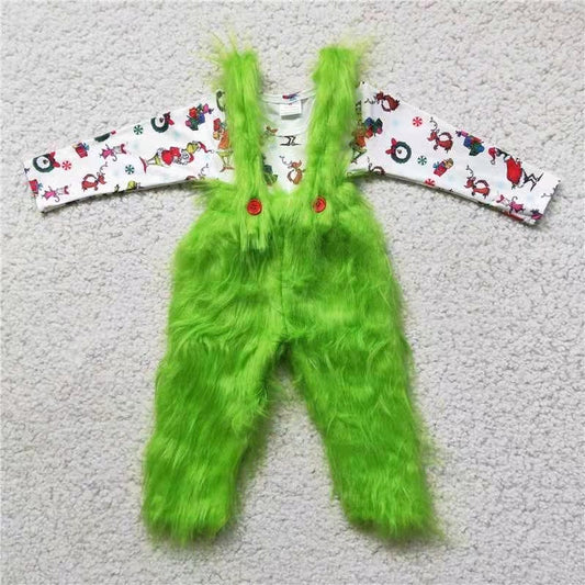 Christmas boy green cartoon long sleeve suspender trousers outfits