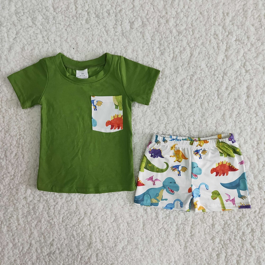 promotion RTS A16-12 Green dinosaur boy short sleeve shorts outfits 0429