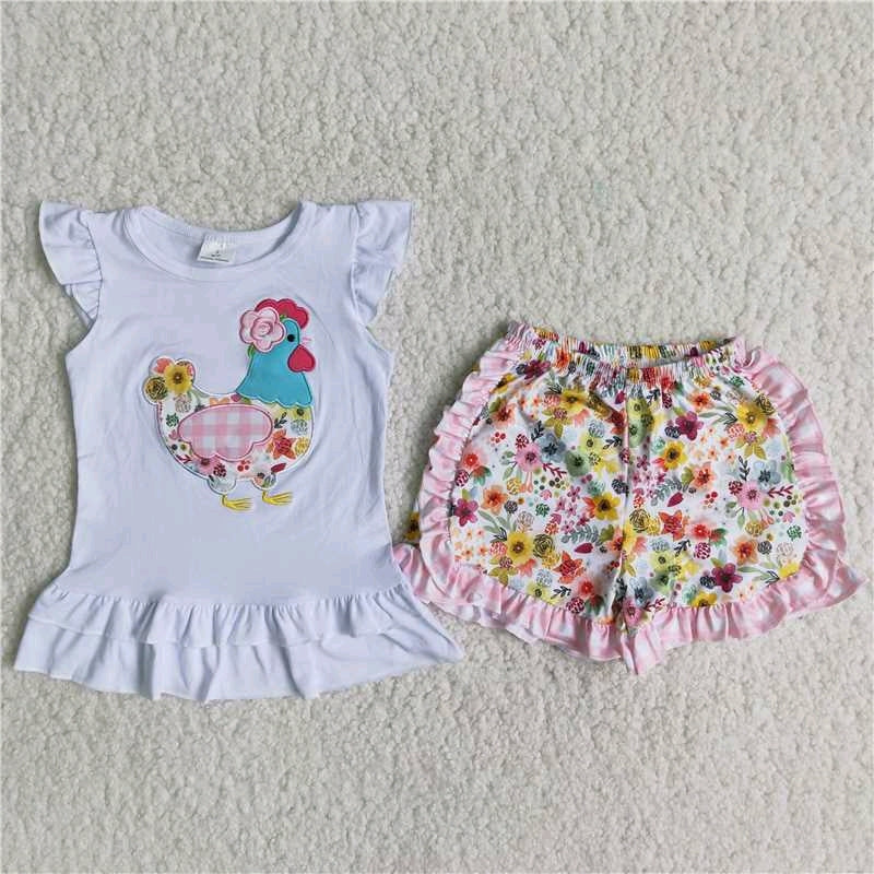A16-10 Chicken embroidery white floral short sleeve shorts girl outfits 20230224 RTS