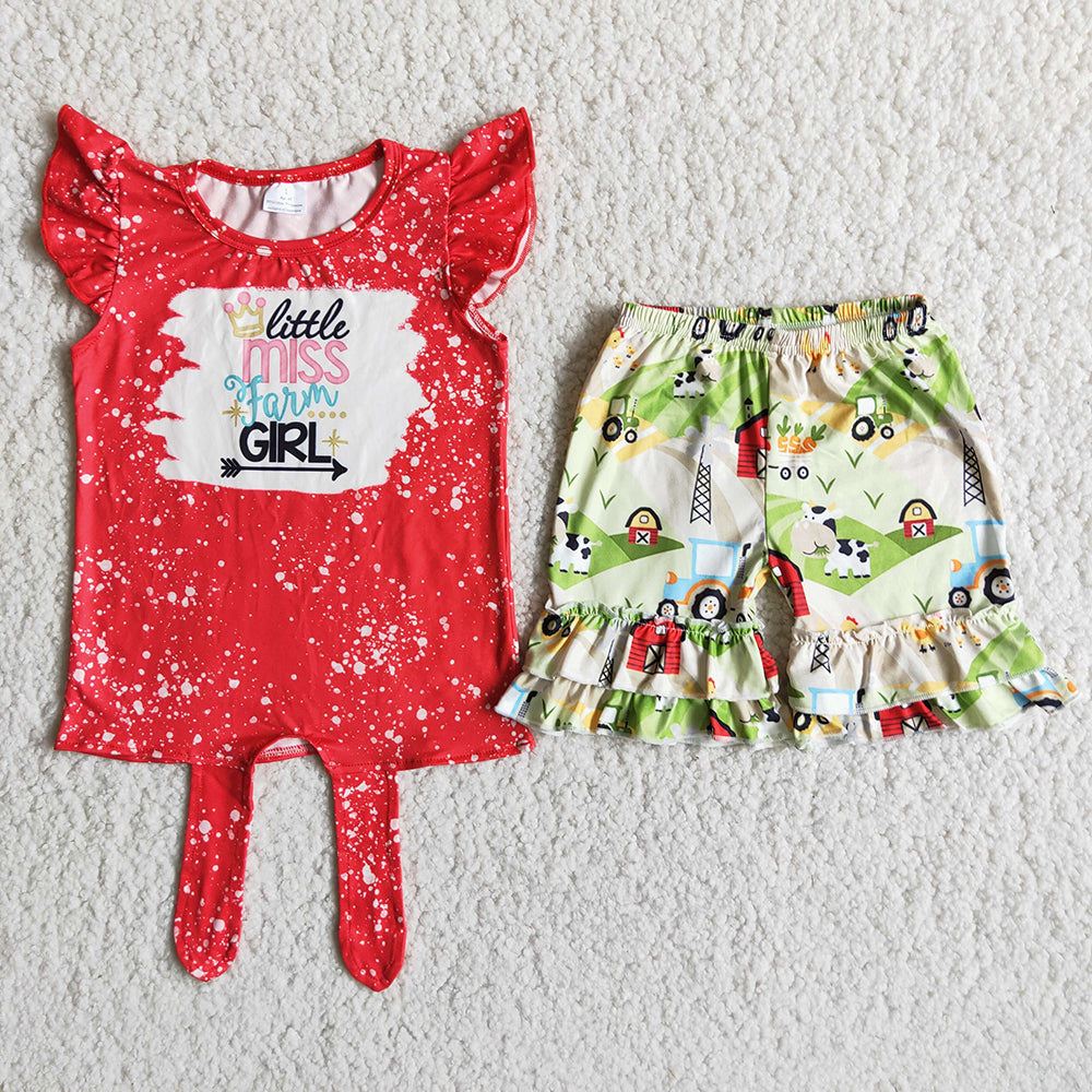 promotion RTS D12-29 Farm puffy red bleaching top ruffles short pants set 20230214