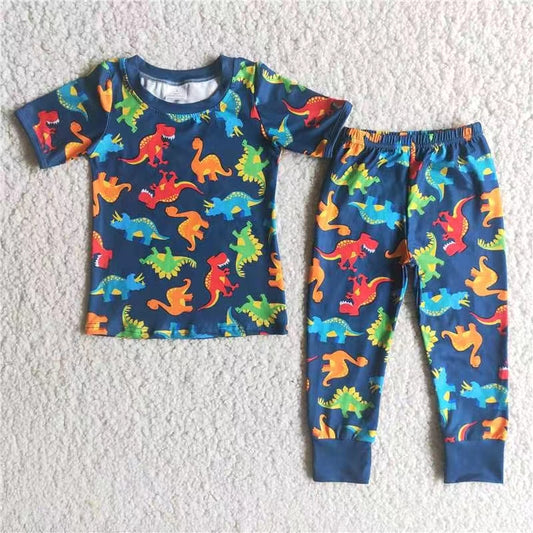 promotion RTS E2-29 dinosaur print short sleeve blue boy pajamas outfit 0707