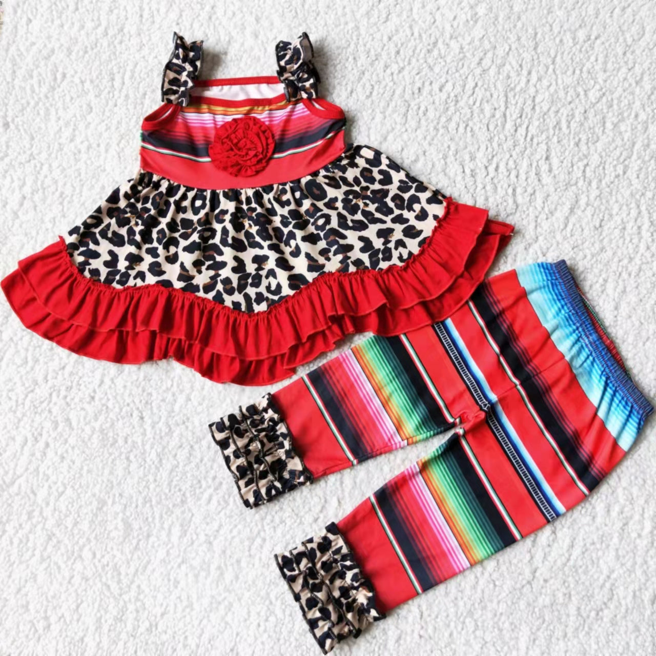 promotion D3-18 red flower shoulder strap leopard print stripe girl short sleeve pant girl outfit