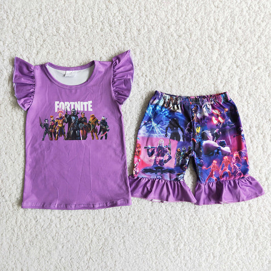 promotion D11-28 Fortnite purple puffy top ruffles short pants set 202404