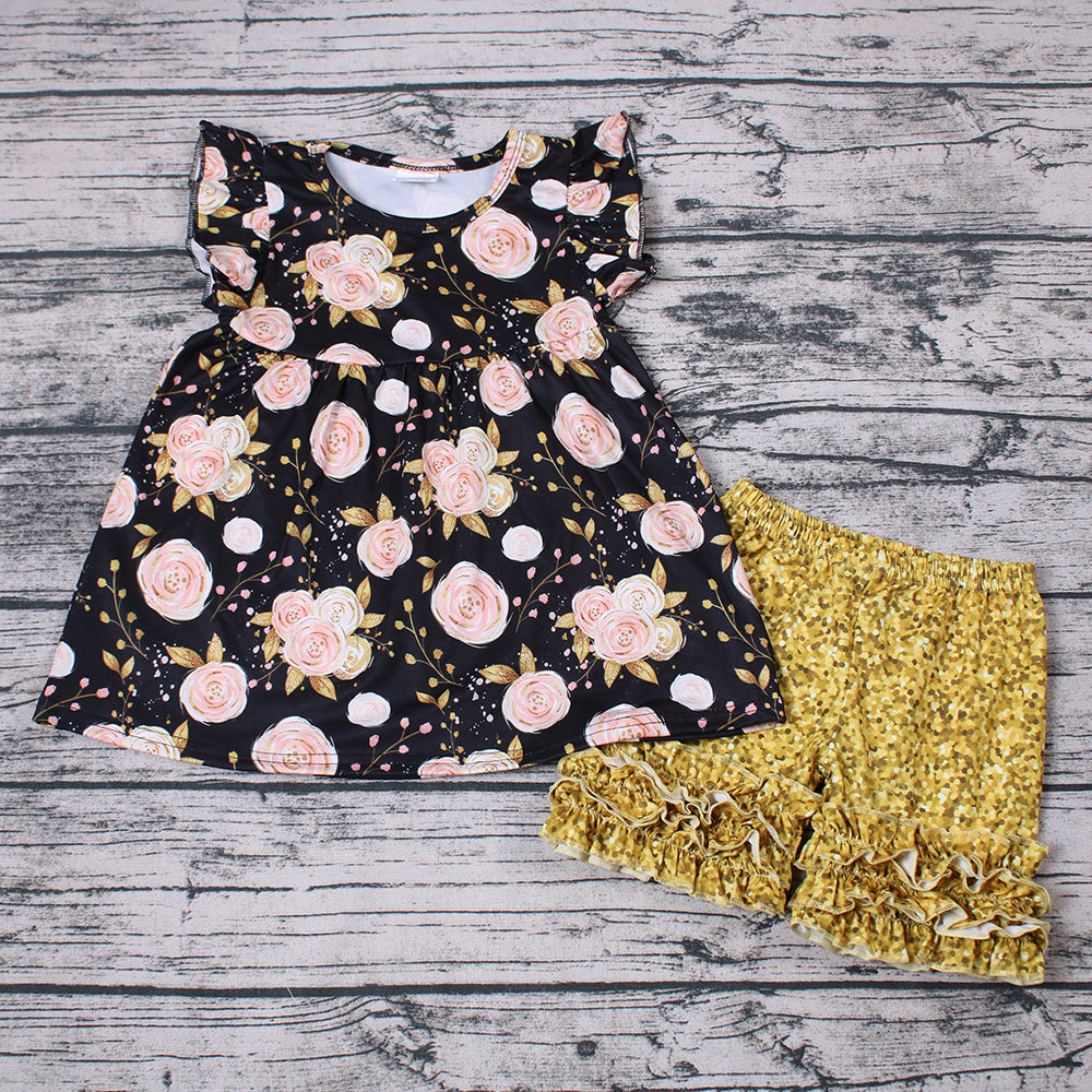 Floral black puffy golden ruffles girl short sleeve shorts