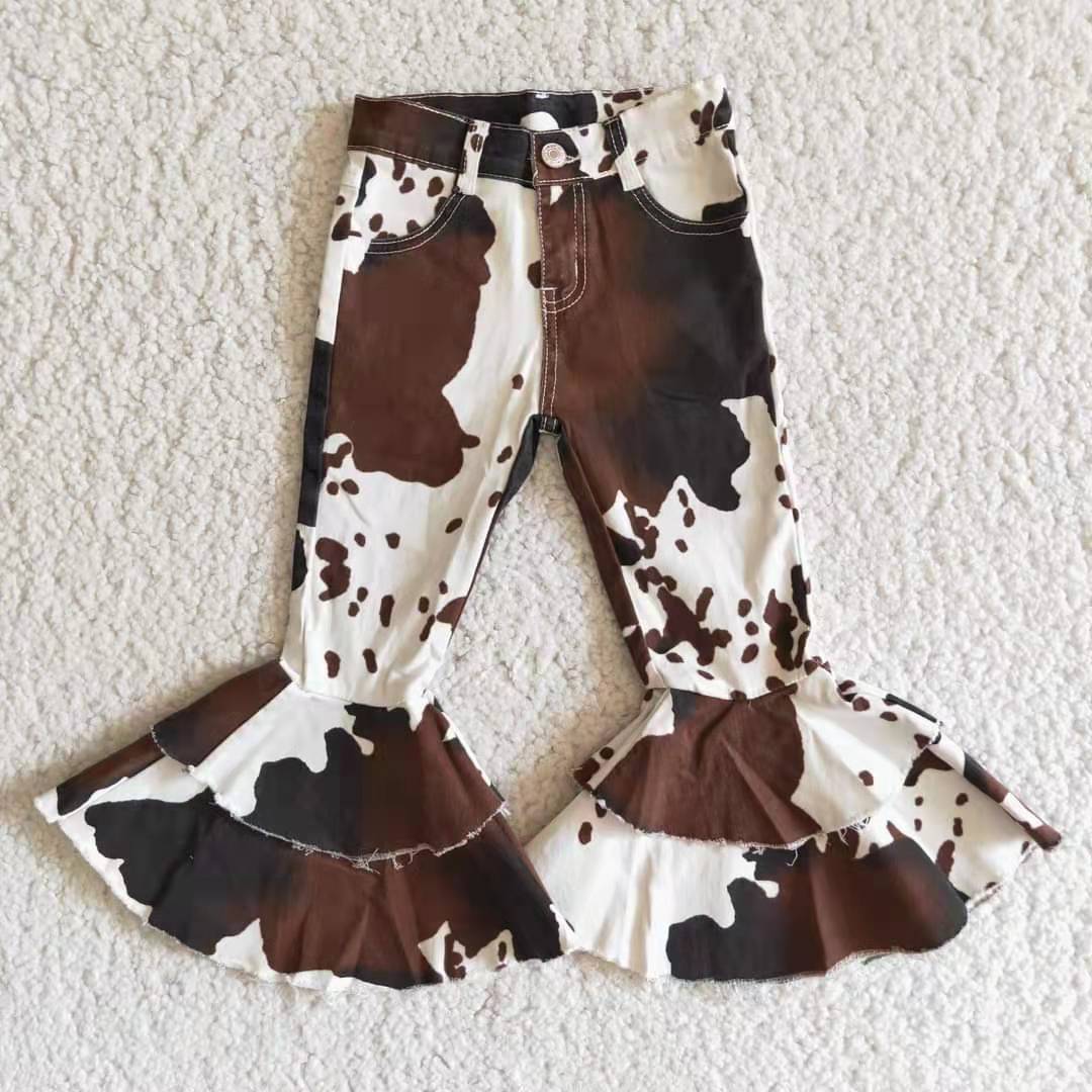 Aa-1 Cow print double ruffles button jeans denim girl pants 202401 RTS