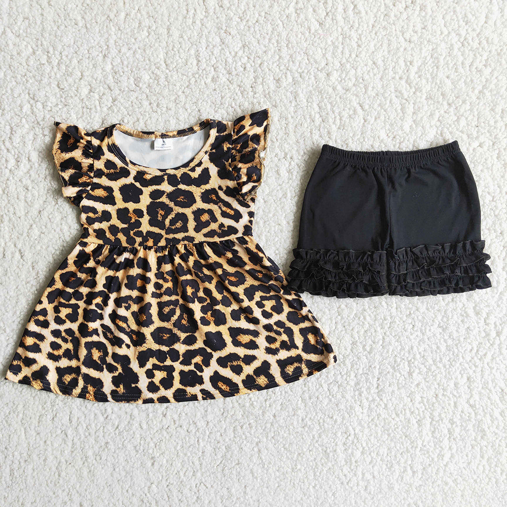 D6-12 promotion RTS Leopard puffy black ruffles girl short sleeve shorts outfits 202404