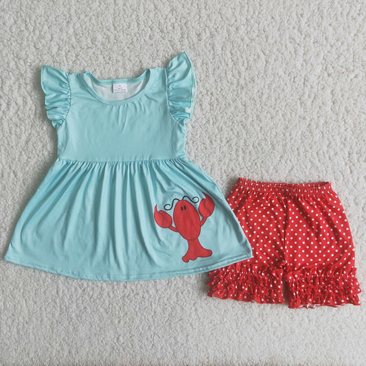promotion RTS A5-11 Crawfish Cray fishblue puffy red polka dots ruffles girl short sleeve shorts outfits 20230304