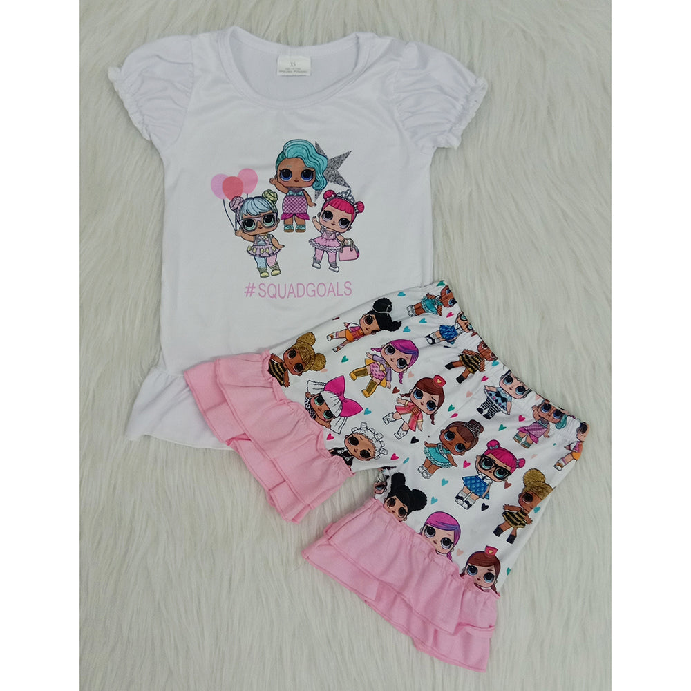 promotion A1-14 girls white top pink ruffles short sleeve shorts outfit 202402 RTS