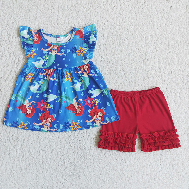 cartoon mermaid scale blue puffy red ruffles girl short sleeve shorts outfits