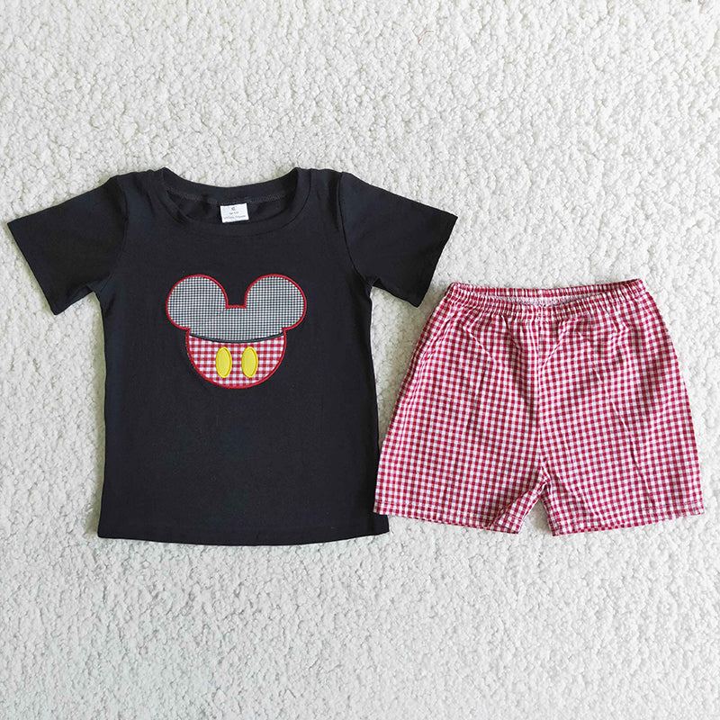 promotion D5-15 cartoon mouse embroidery red plaid boy short sleeve shorts outfits RTS
