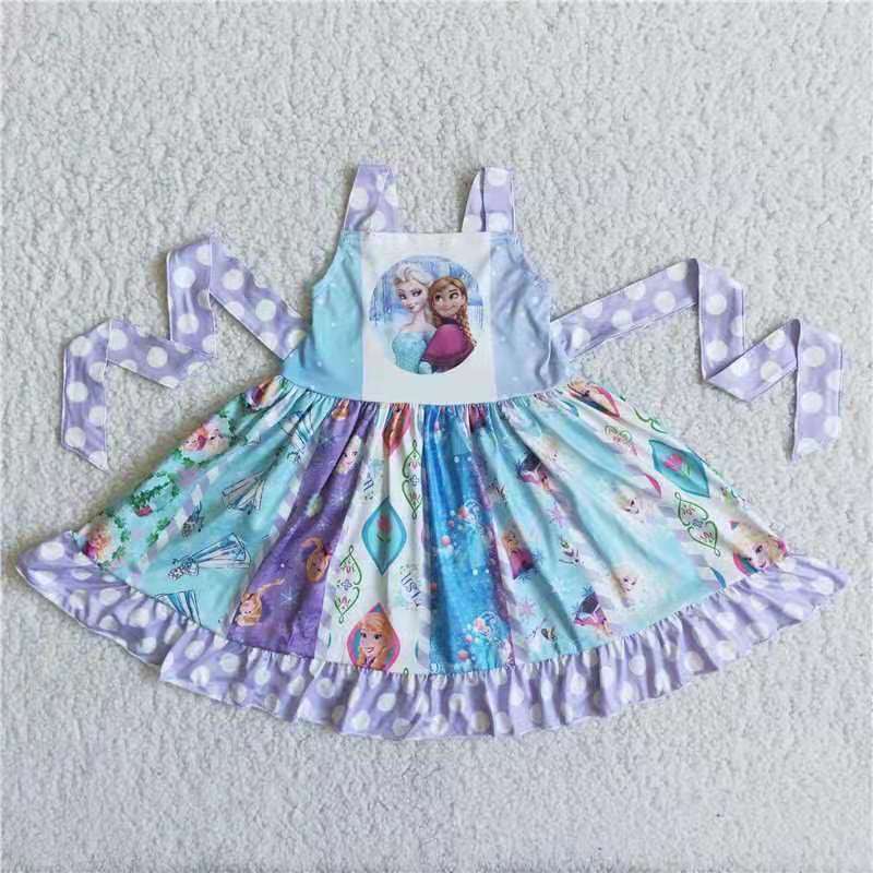 Promotion C3-16 blue ice princess cartoon patchwork belt sleeveless GIRL dress RTS 20230608