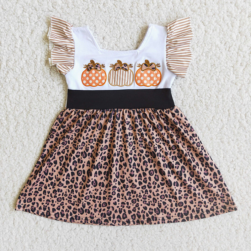 C6-16 Pumpkin embroidery leopard puffy short sleeve dress RTS