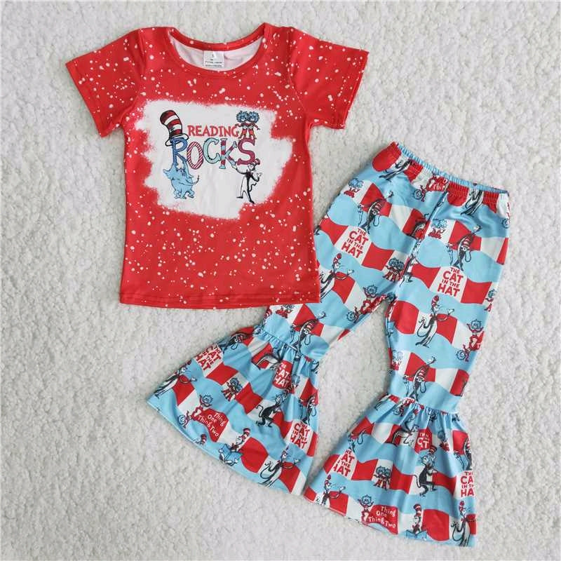 promotion B16-12 RTS cartoon cat reading letters red dot short sleeve girl outfit 0505
