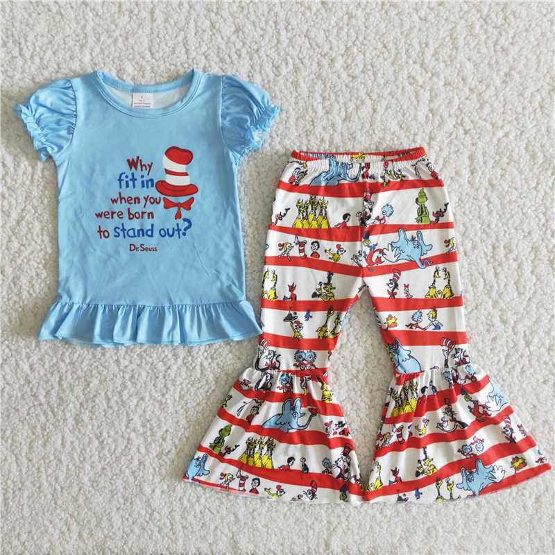 A14-22 cartoon cat reading blue stripe short sleeve girl outfit RTS 1124
