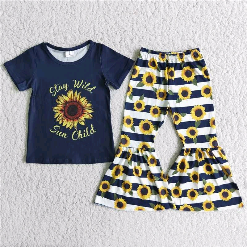 promotion RTS A2-3 stay wild sunflower short sleeve bell bottom girl outfit