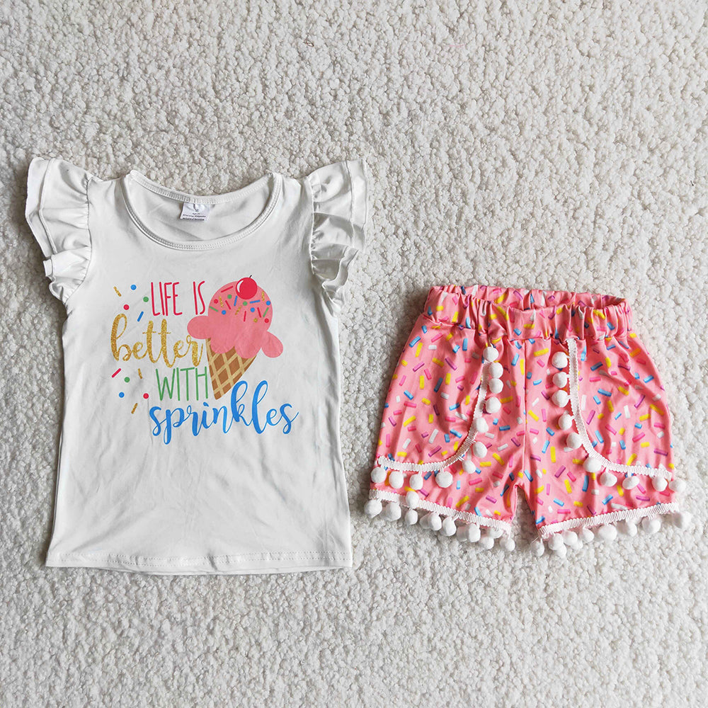 promotion price D13-20 Sprinkles ice cream white top pink pompom short pants set RTS 20230429 RTS