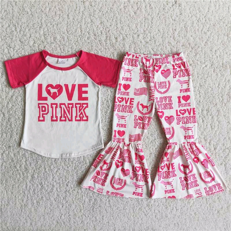 D13-27 letters love pink raglan dog short sleeve bell bottom pant girl outfit RTS 202407