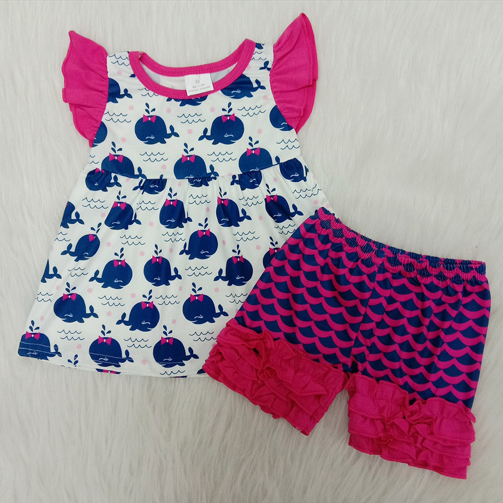 Whale cartoon white puffy pink fish scale ruffles girl short sleeve shorts outfits