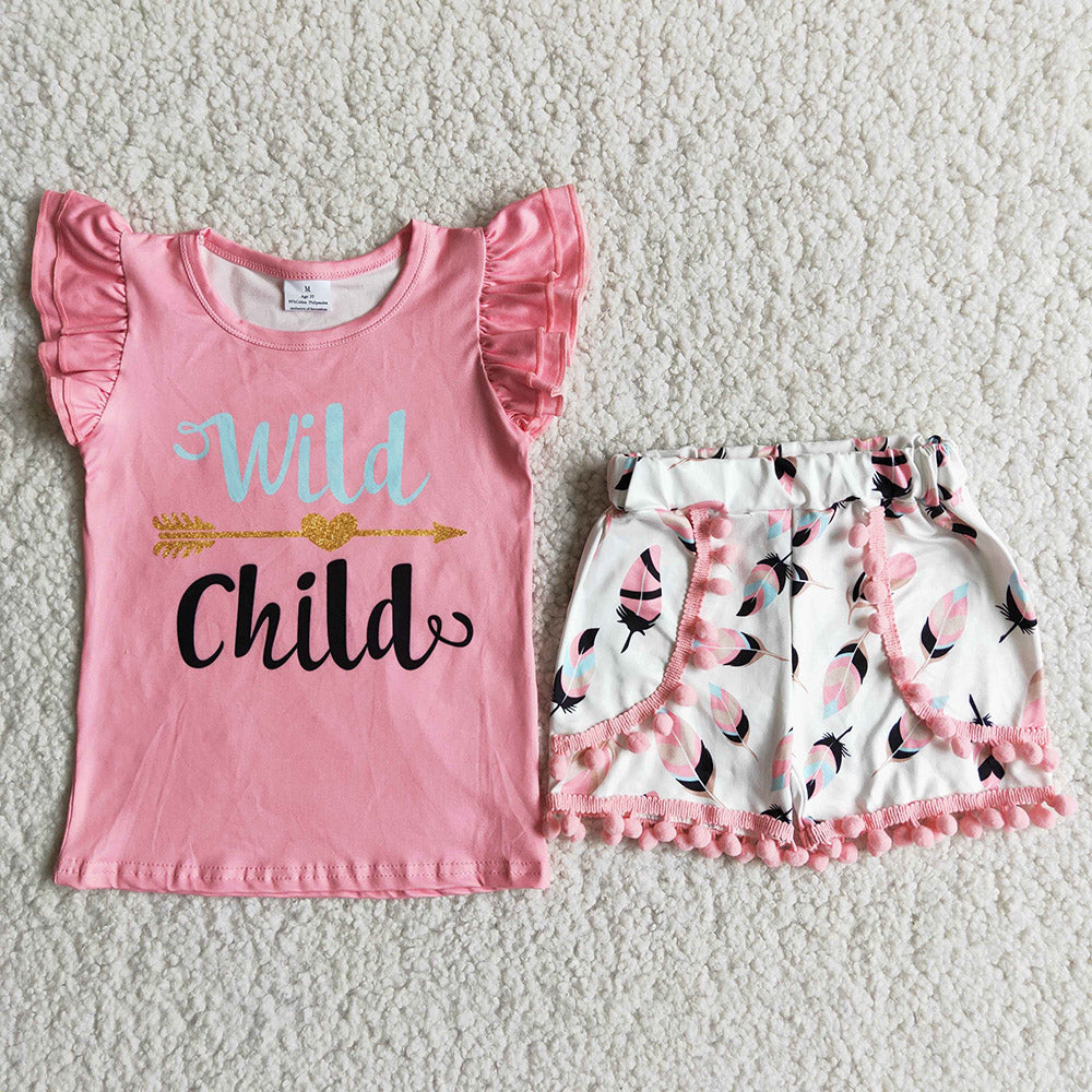 promotion RTS D8-11 Wild child pink puffy top pompom ruffles short pants set 0614