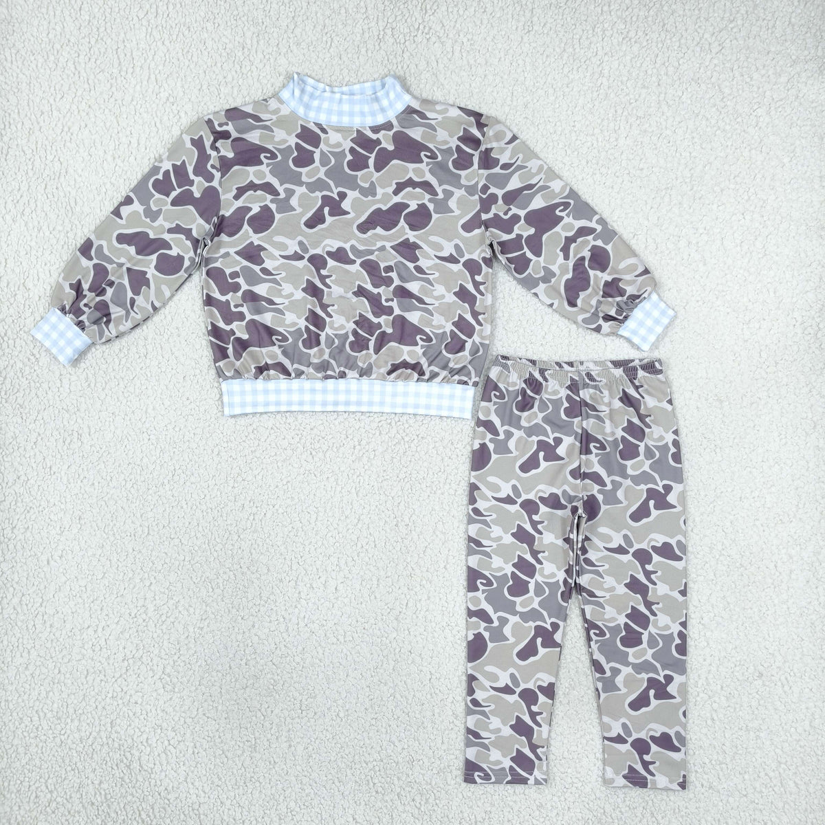 NO MOQ RTS BLP1567-bundle Girl Clothes Purple Camo Mixed Gingham Print Long Sleeve Mock Neck Top Pants Set 202610