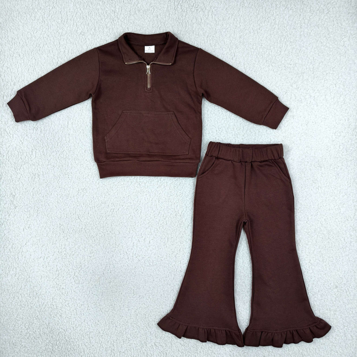 NO MOQ RTS GLP3491-bundle (2)Baby Girl Clothes Solid Brown Plain Long Sleeve Half Zip Top Ruffle Flare Pant Set 202610