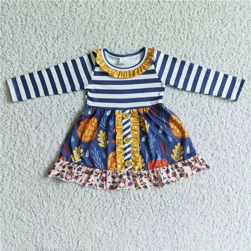 202410 Promotion RTS GLD0021 long sleeve blue grass stripe pumpkin ruffle girl dress 202410