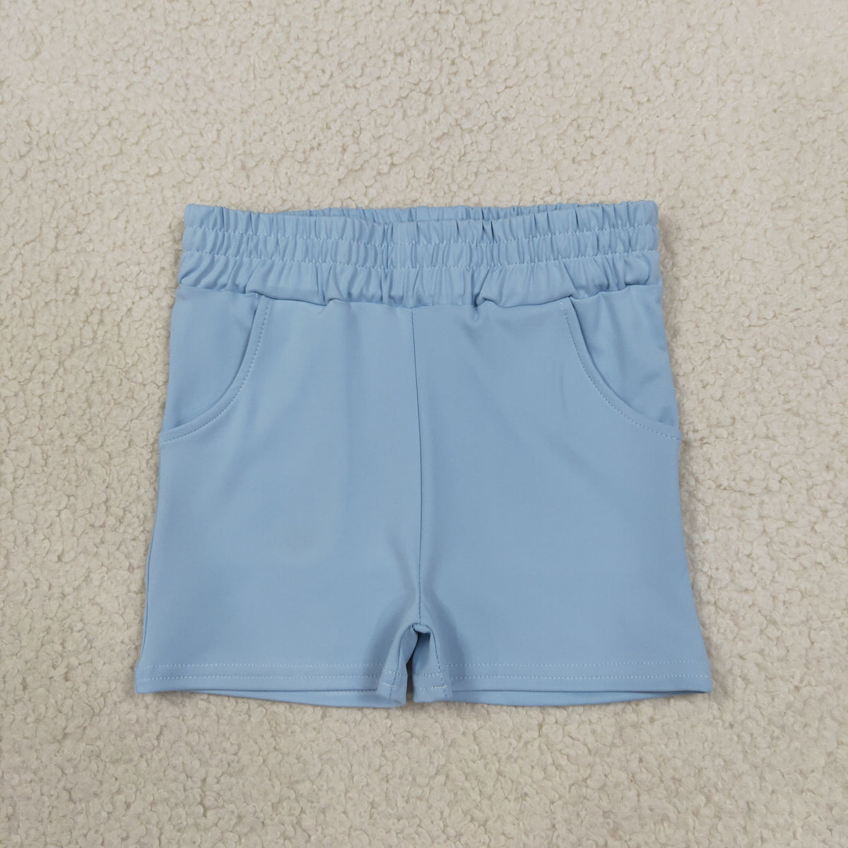 NO MOQ RTS SS0961-yoga Kids Girl Clothes Solid Light Blue Elastic Waist Pocket Shorts 202610