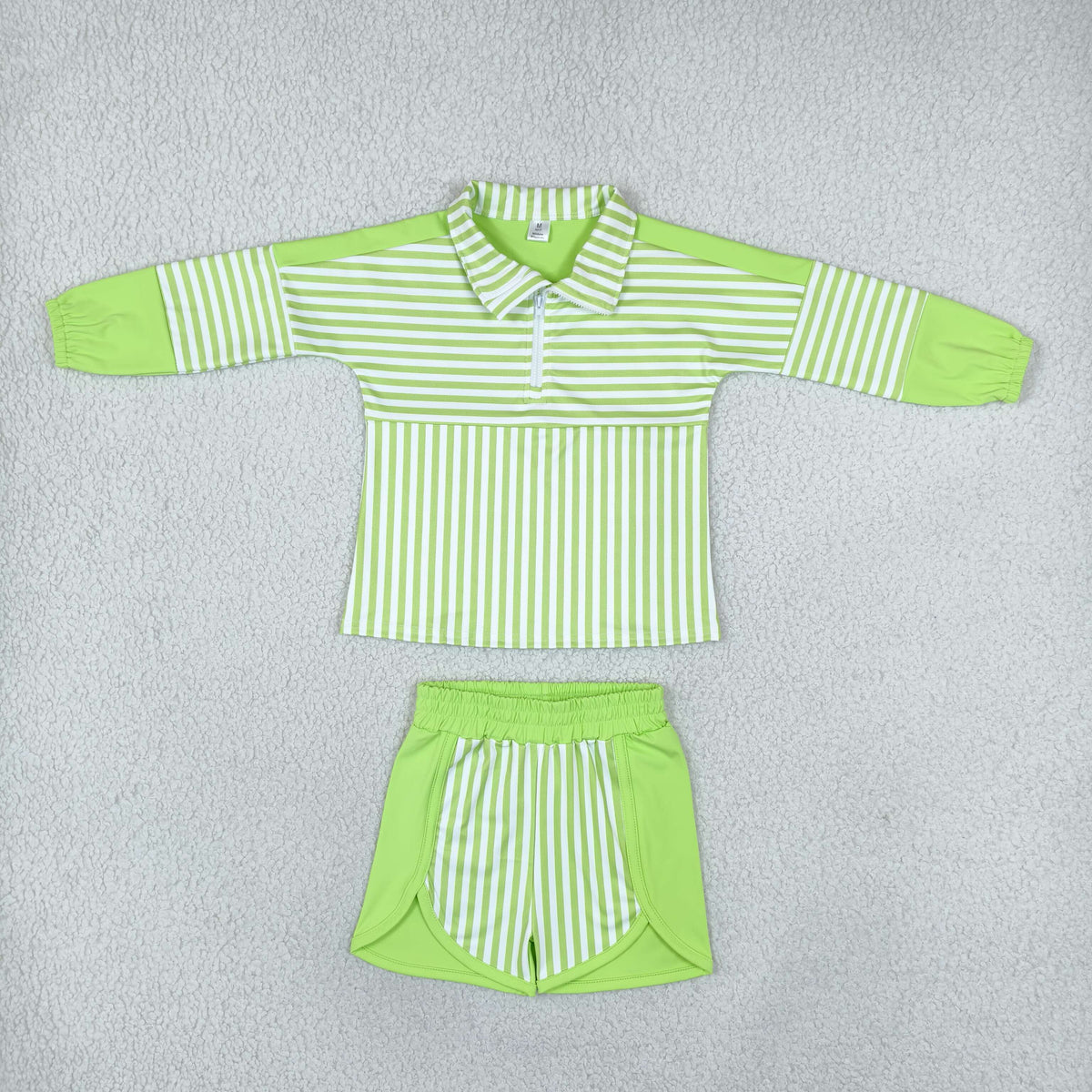 NO MOQ RTS GLS0109(1)-yoga-bundle Baby Girl Clothes Lime Green Stripe Color Block Print Long Sleeve Top Short Set 202610
