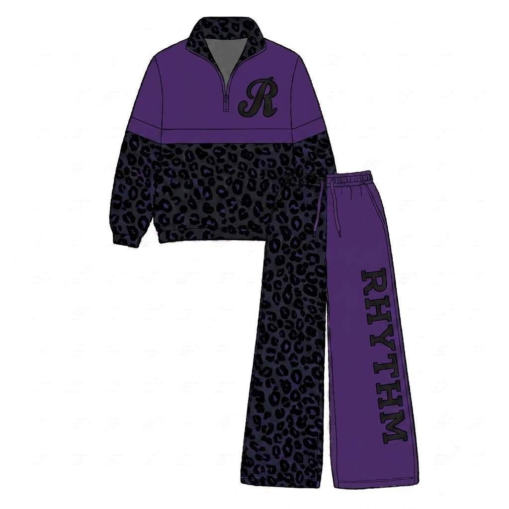 Custom MOQ5 PURPLE BLACK leopord team zip long sleeves Girl winter clothes