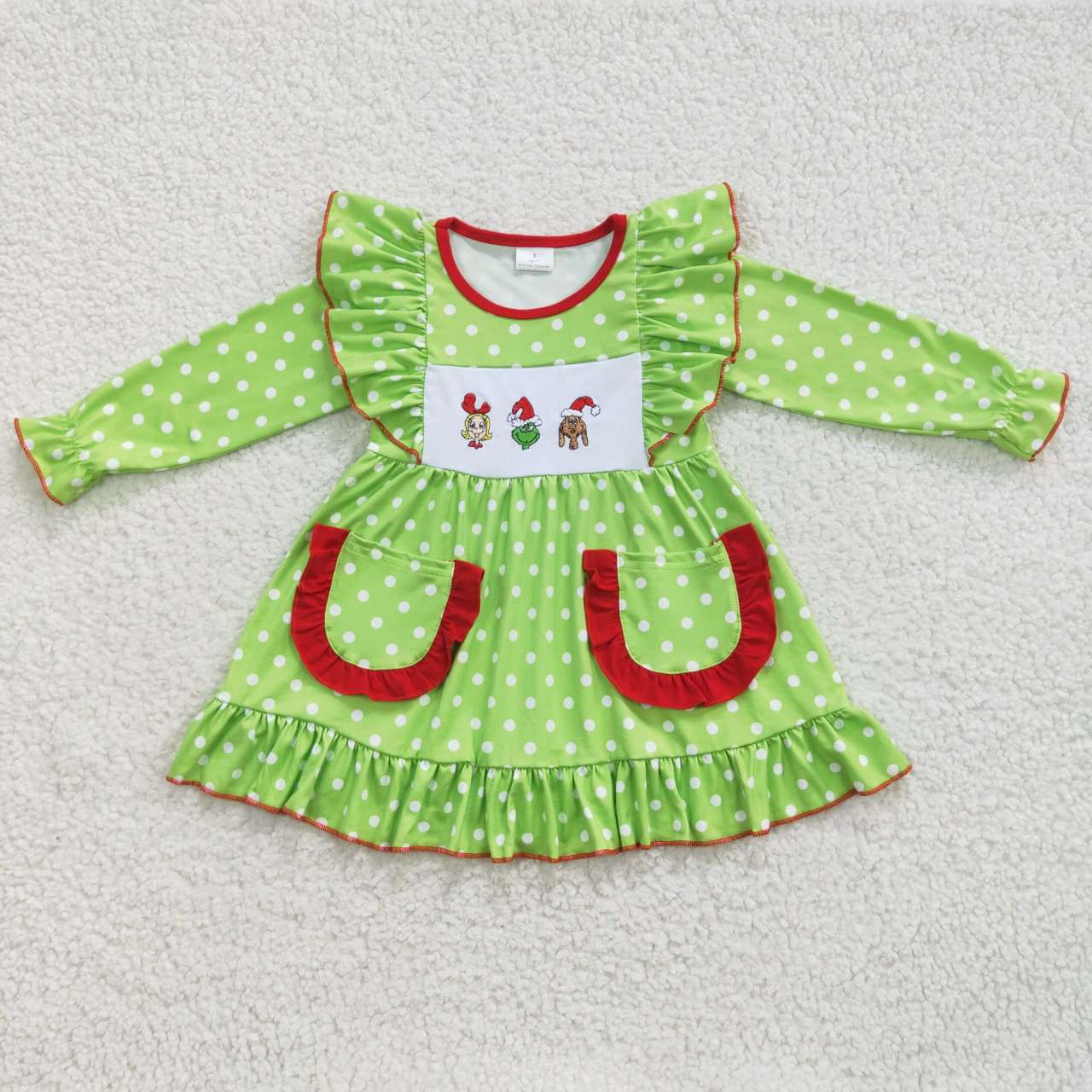 GLD0217 embroidery cartoon long sleeve gren Christmas grin girl dress 20231005 RTS