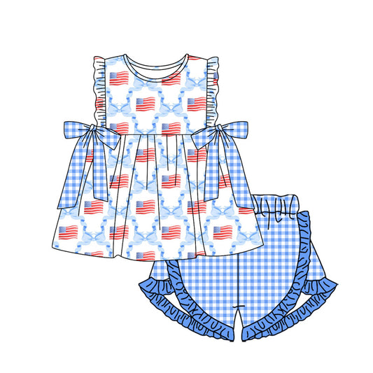 GSSO1684 USA Flag 4th July shorts blue plaid bow girl summer outfit 202411 preorder