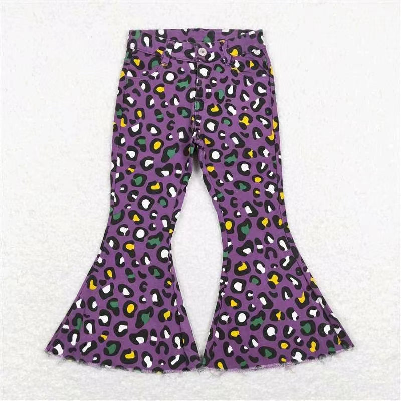 P0313 RTS western Mardi Gras leopard purple buttons zip up jeans girl kids denim jeans bell pants 202312