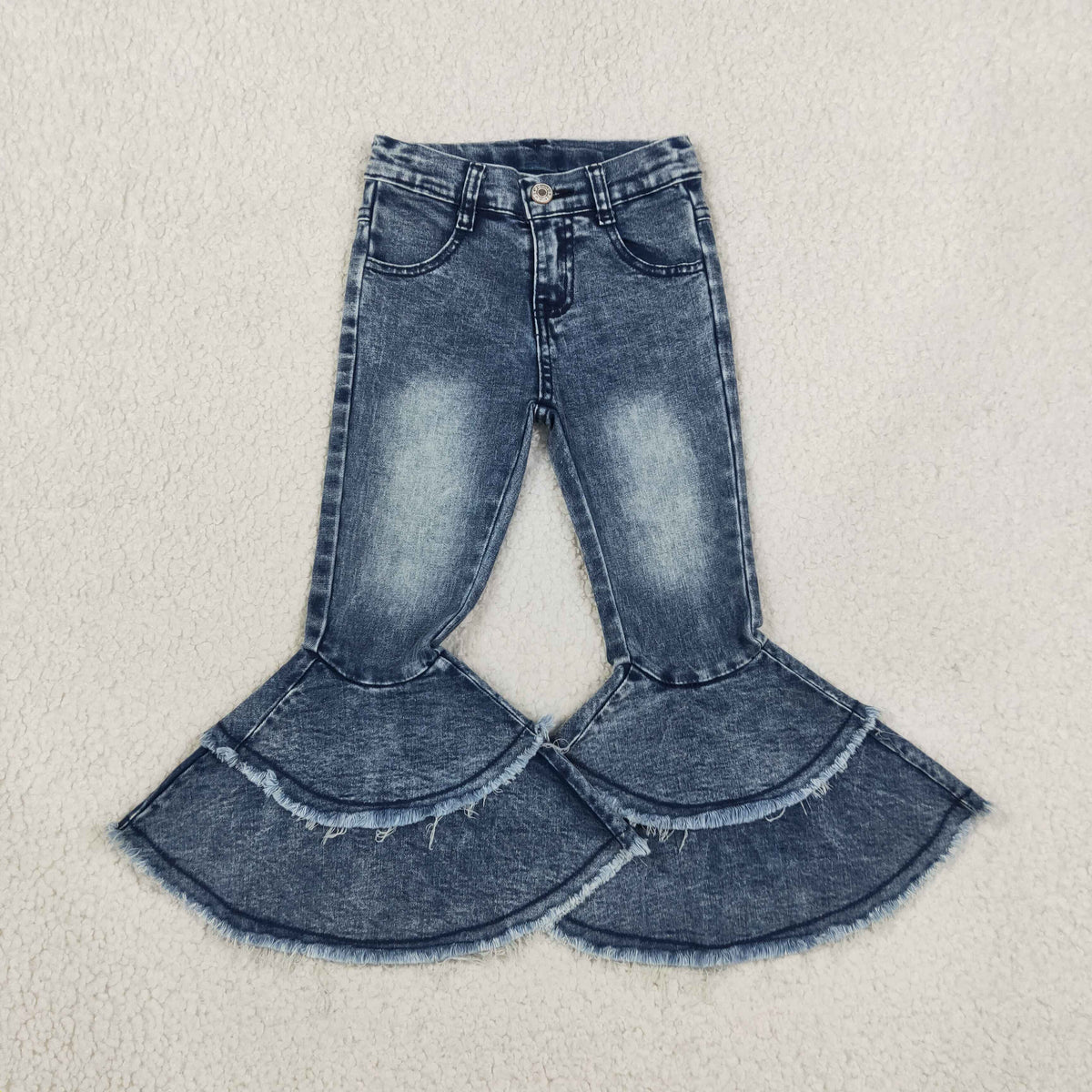 NO MOQ RTS C5-15 Kids Girl Clothes Vintage Washed Double Fringe Denim Flare Pants 202610