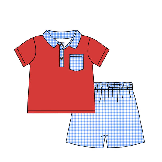 BSSO1152 USA Flag 4th July shorts blue pocket plaid red boy summer outfit 202411 preorder