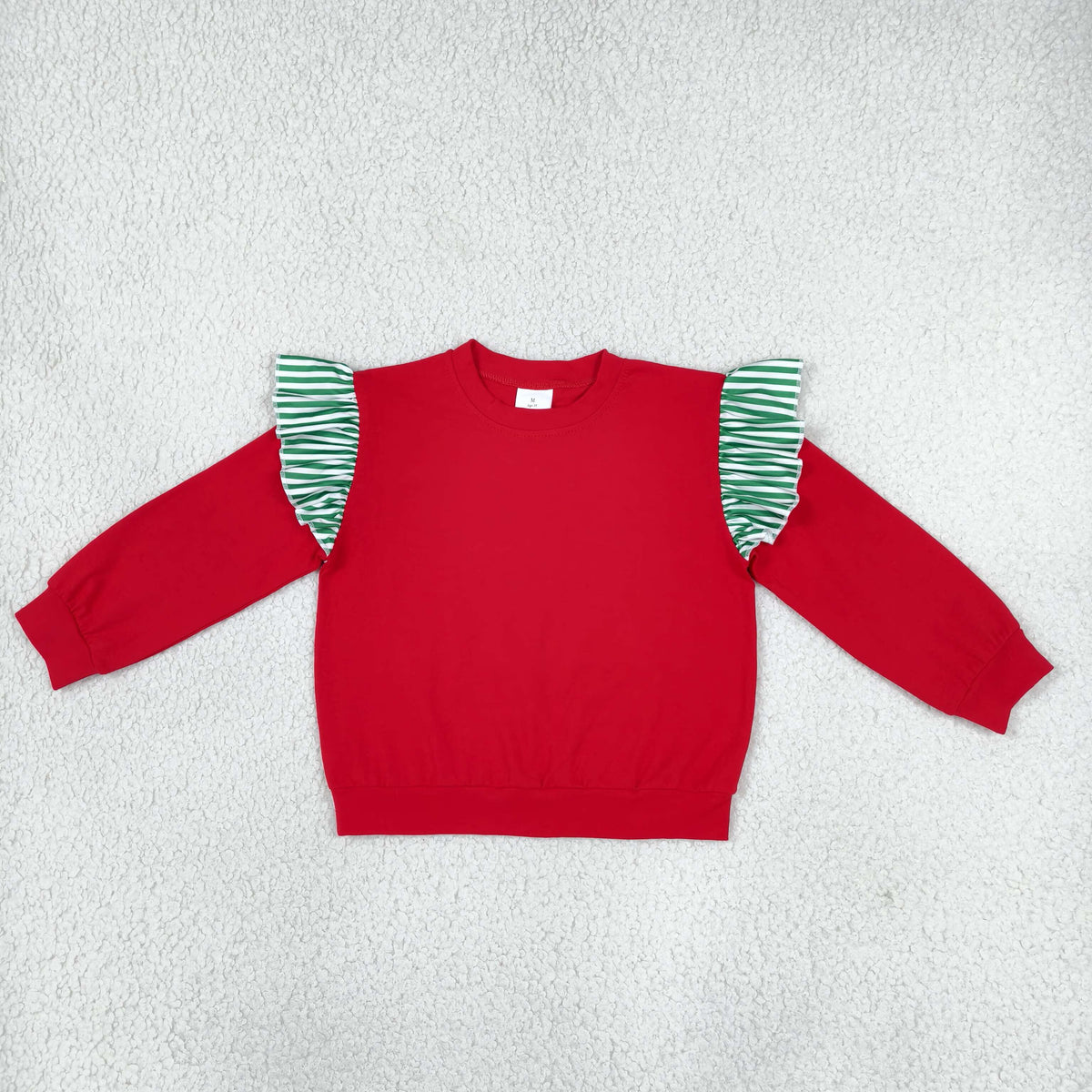 NO MOQ RTS GT1844 Girl Clothes Solid Red Plain Print Long Sleeve Green White Stripe Ruffle Shoulder Sweatshirt 202610