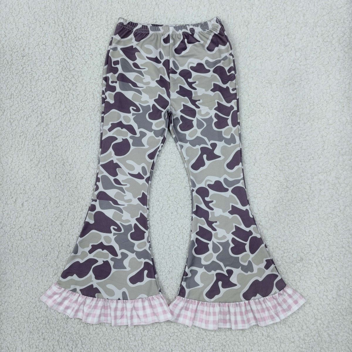 NO MOQ RTS P1184 Baby Girl Clothes Purple Camo Print Pink Gingham Ruffle Flare Pants 202610