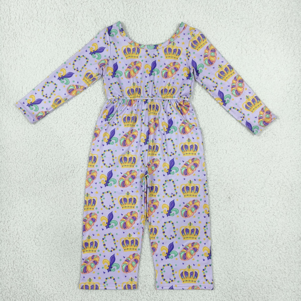 NO MOQ RTS LR3339 Baby Girl Clothes Mardi Gras Crown Bead Mixed Print Long Sleeve Jumpsuit 202610