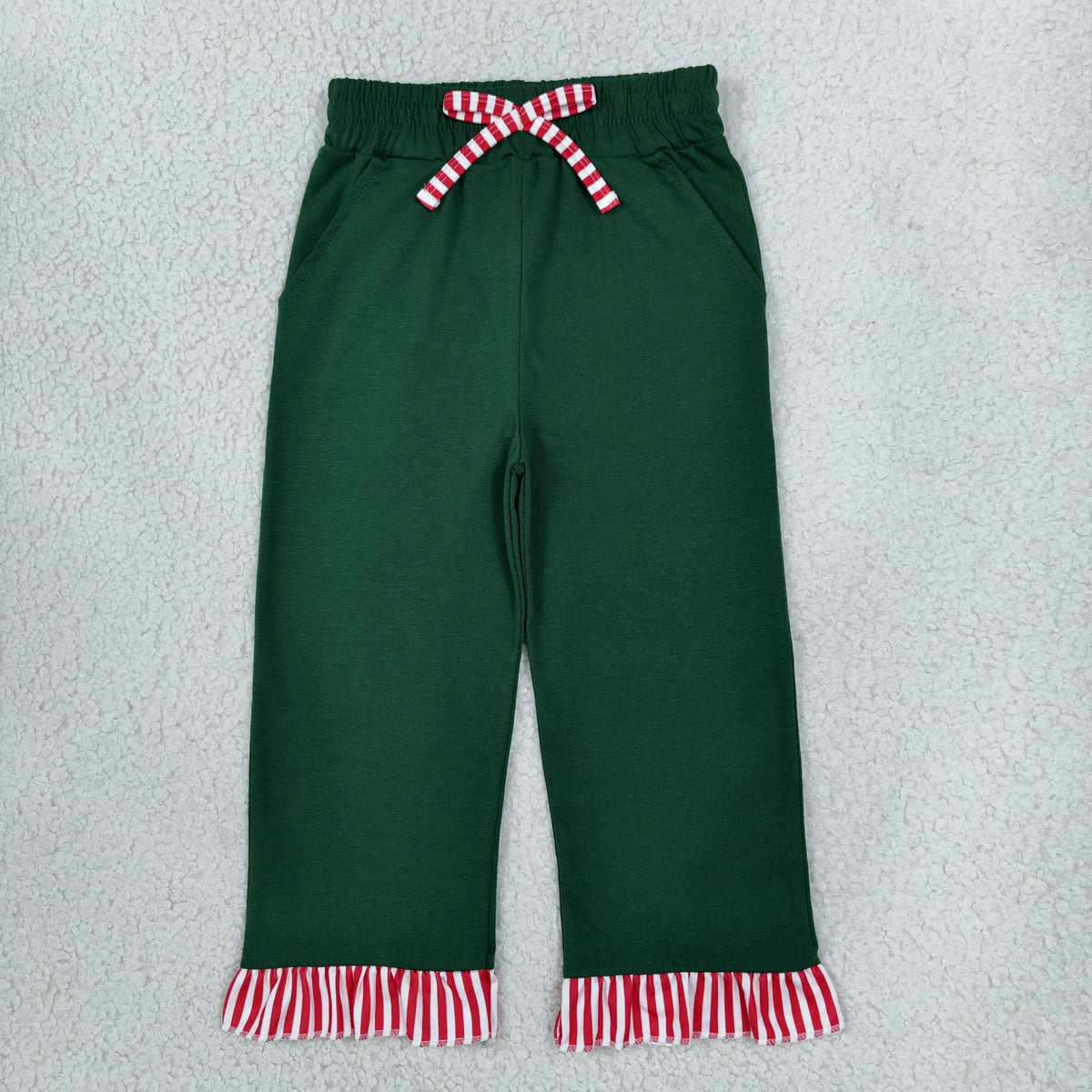 NO MOQ RTS P1158 Baby Girl Clothes Dark Green Solid Red Stripe Ruffle Trim Long Pants 202610
