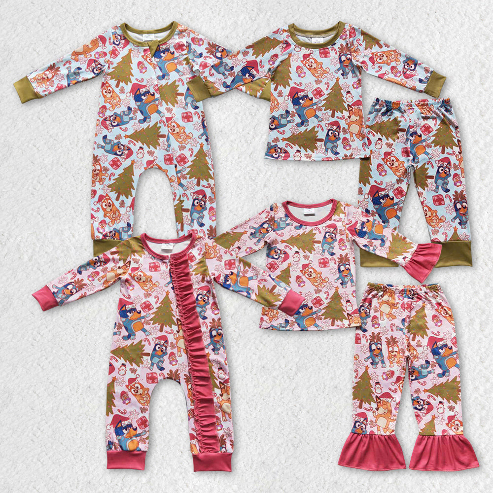 NO MOQ RTS BLP0258 Baby Boy Clothes Christmas Cartoon Dog Character Allover Print Long Sleeve Cuff Pant Pajama Clothes Set 202610