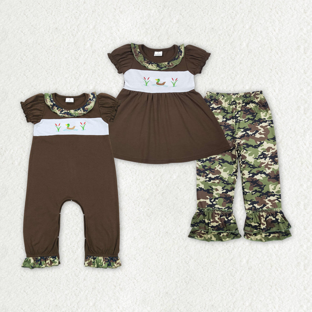 SR0582 embroidery duck short sleeve camo girl romper  202405 rts  sibling