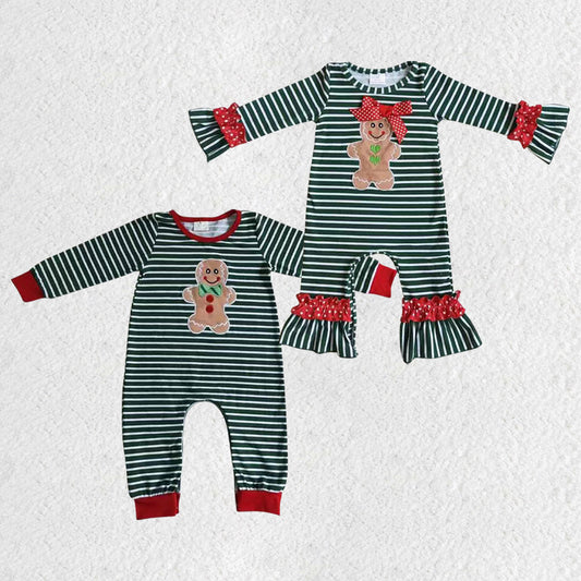 6 C10-6 christmas girl gingerbread embroidery green stripe bow long sleeve romper RTS 20230727