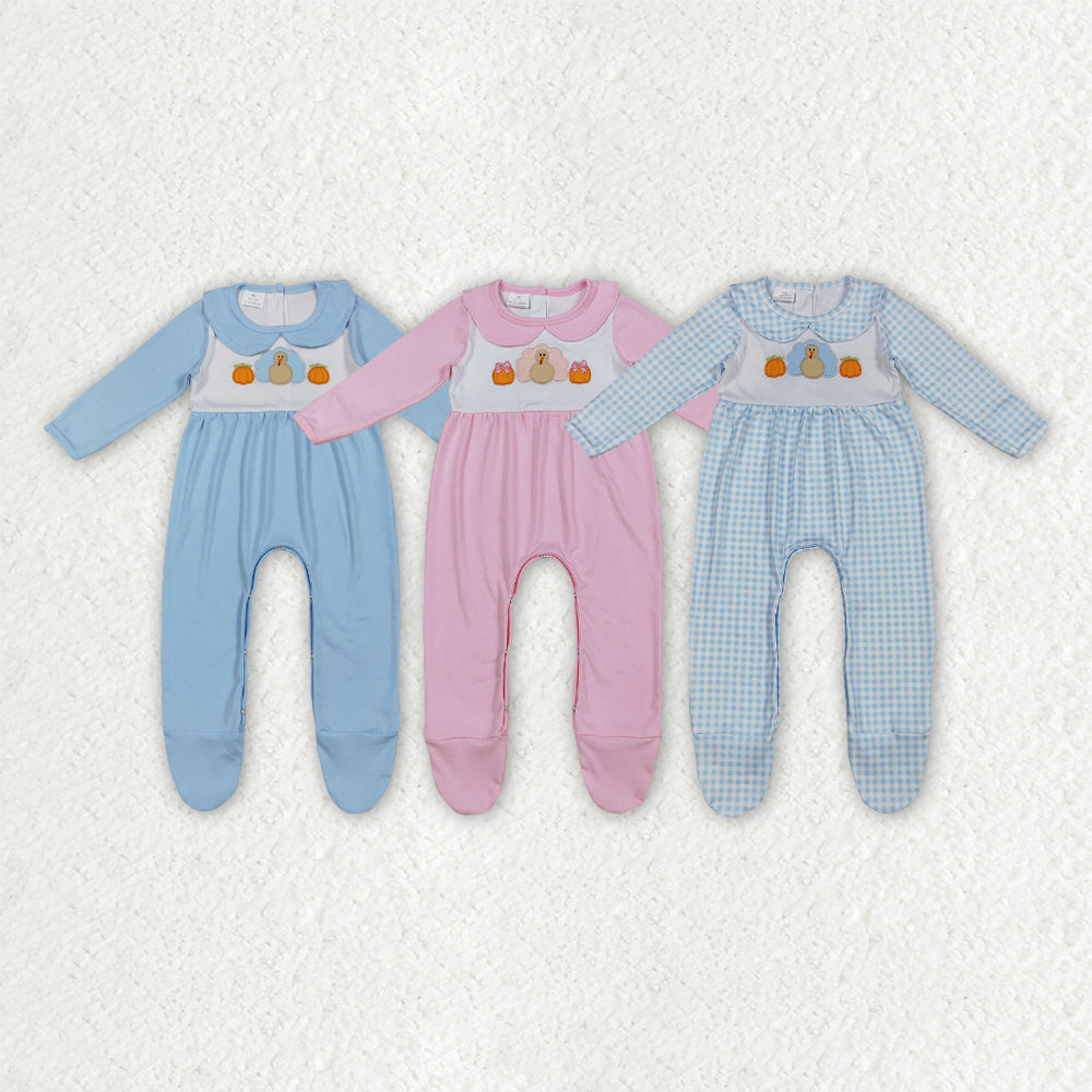 LR2562 embroidery PUMPKIN blue Halloween boy summer romper 202509 RTS