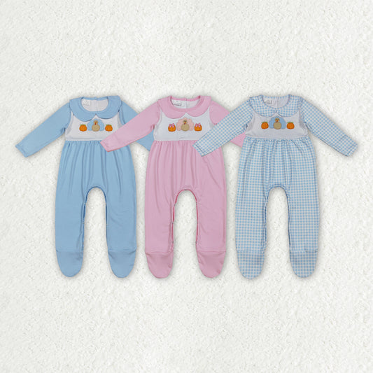LR2562 embroidery PUMPKIN blue Halloween boy summer romper 202509 RTS