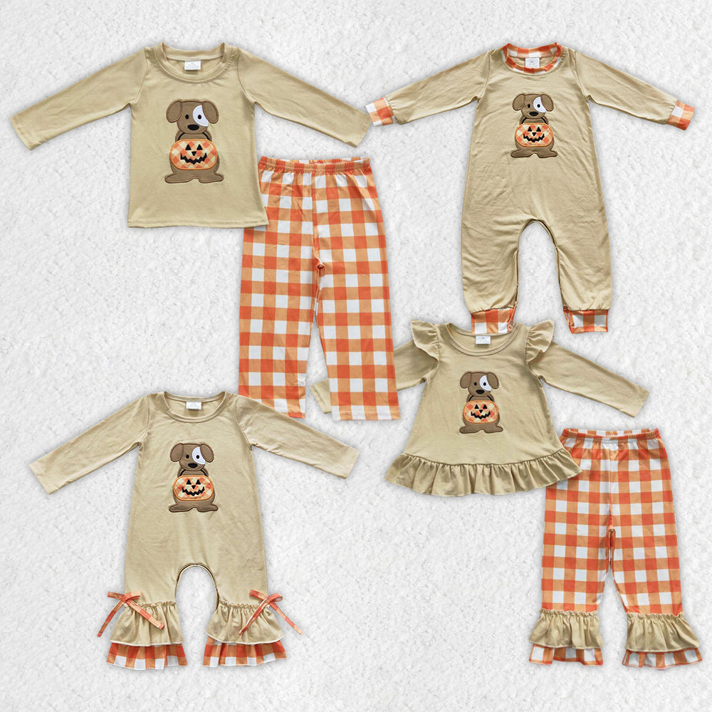 GLP0433 pumpkin embroidery dog halloween short sleeve girl outfit preorder 20230614 RTS