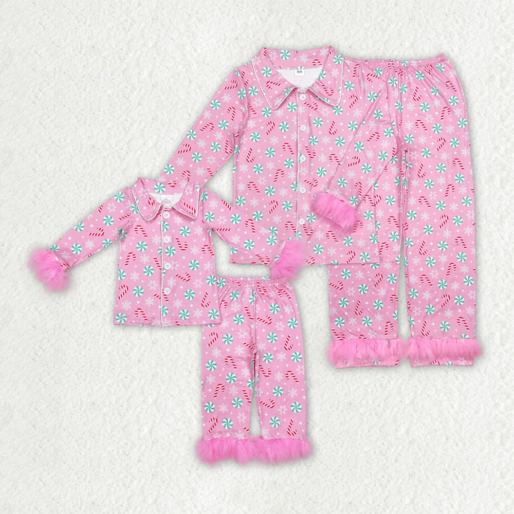 GLP2025 RTS Christmas cane fluffy fur sleeves pink long girl pajamas outfit 202411 sibling